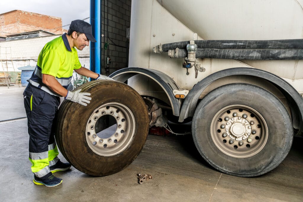 Side view of of serious male mechanic technician in casual uniform with sneakers and gloves repairing tyre of truck in workshop in daylight